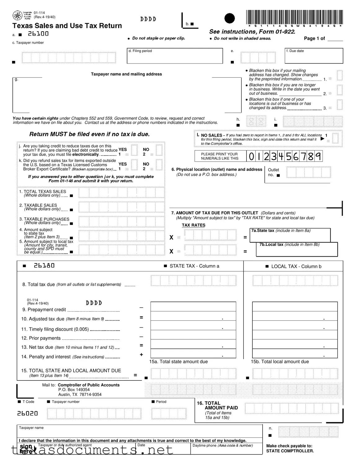 Fill Your 1 114 Texas Form