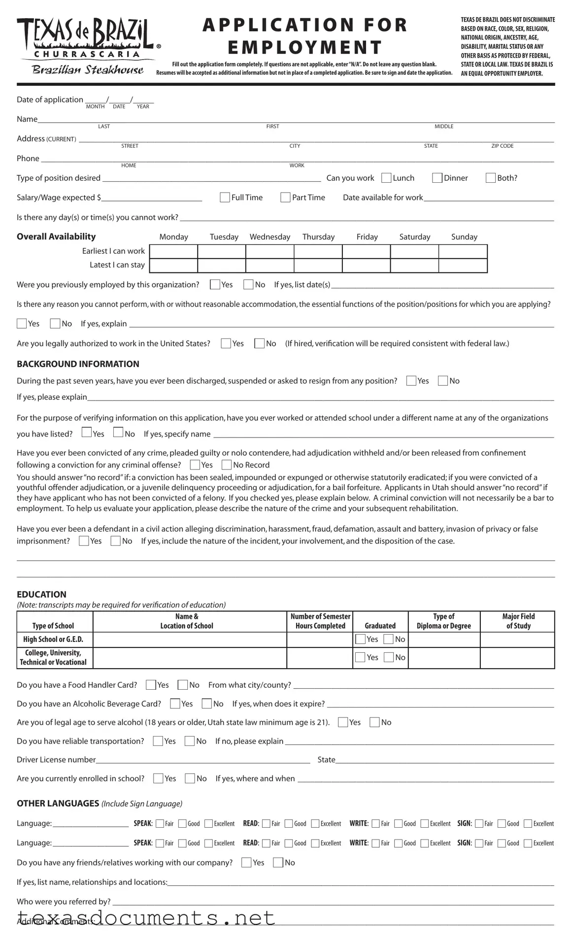 Fill Your Application For Texas De Brazil Form