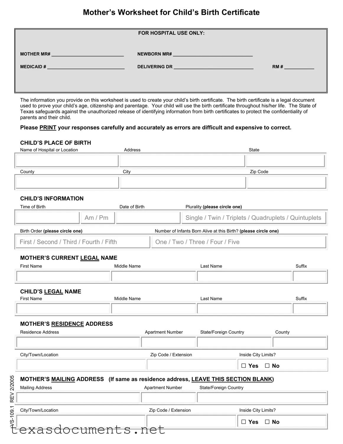 Fill Your Child Birth Certificate Texas Form