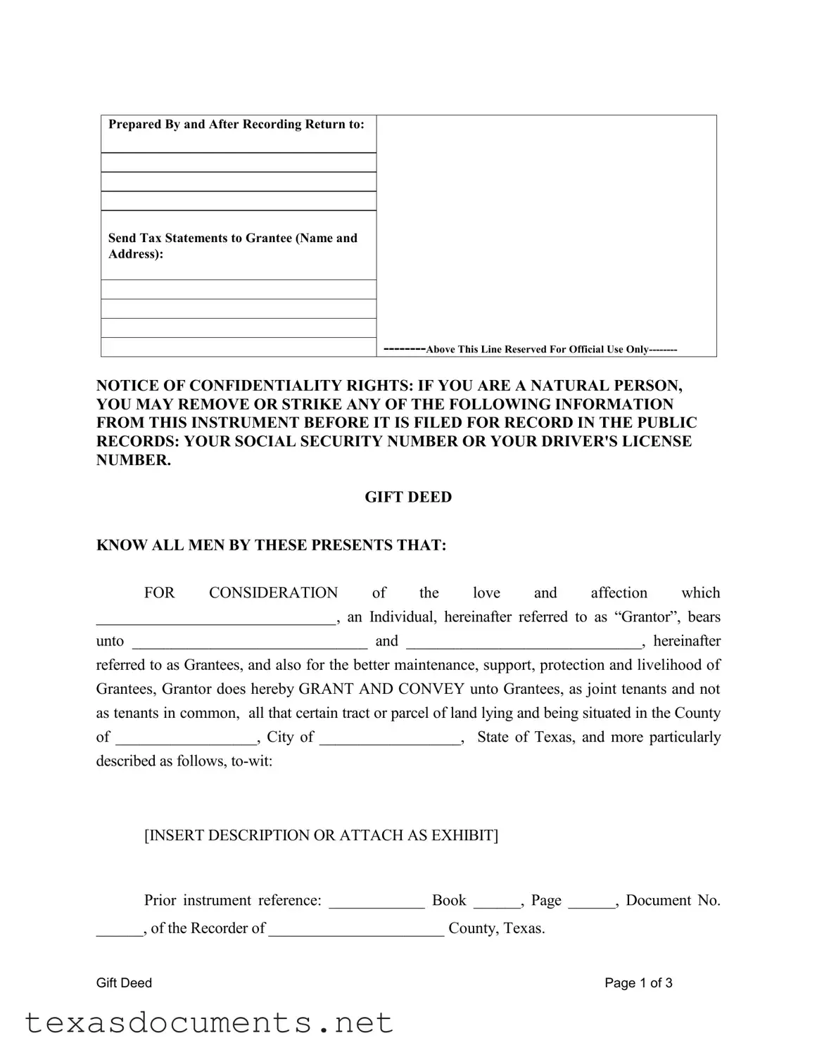Fill Your Gift Deed Texas Form