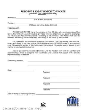 Fill Your Texas 30 Day Notice To Vacate Form