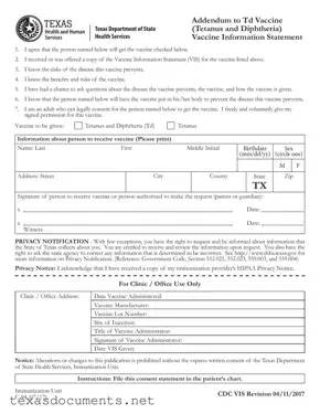 Fill Your Texas Addendum To Tdap Vaccine Form