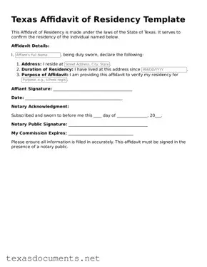 Fillable  Affidavit of Residency Template for Texas