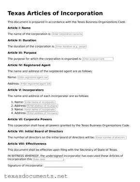 Fillable  Articles of Incorporation Template for Texas