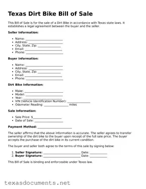 Fillable  Dirt Bike Bill of Sale Template for Texas