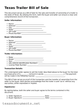 Fillable  Trailer Bill of Sale Template for Texas