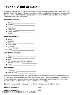 Fillable  RV Bill of Sale Template for Texas