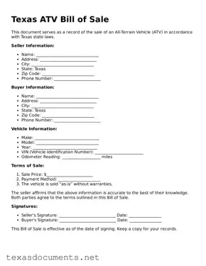 Fillable  ATV Bill of Sale Template for Texas