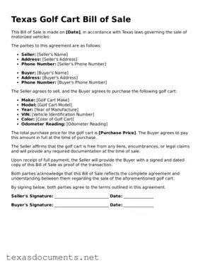 Fillable  Golf Cart Bill of Sale Template for Texas