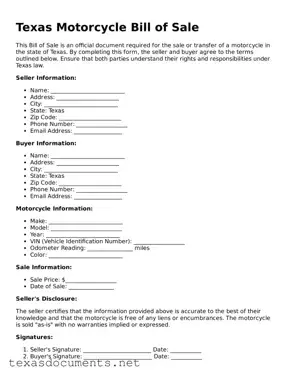 Fillable  Motorcycle Bill of Sale Template for Texas
