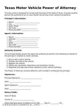 Fillable  Motor Vehicle Power of Attorney Template for Texas
