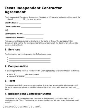 Fillable  Independent Contractor Agreement Template for Texas