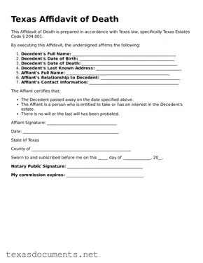 Fillable  Affidavit of Death Template for Texas