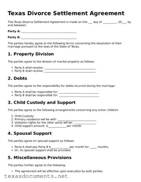 Fillable  Divorce Settlement Agreement Template for Texas