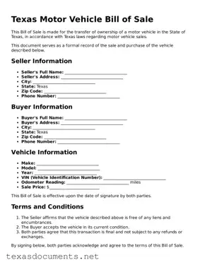 Fillable  Motor Vehicle Bill of Sale Template for Texas