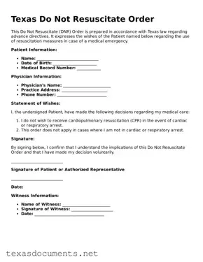 Fillable  Do Not Resuscitate Order Template for Texas