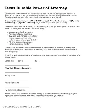 Fillable  Durable Power of Attorney Template for Texas