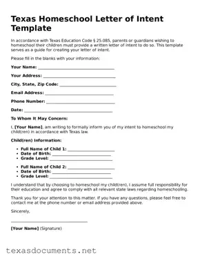 Fillable  Homeschool Letter of Intent Template for Texas