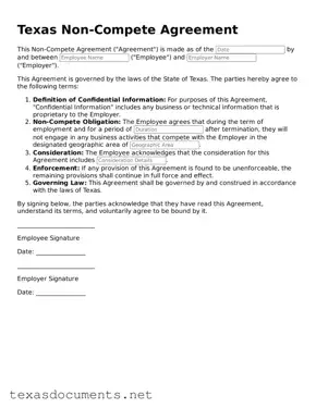 Fillable  Non-compete Agreement Template for Texas