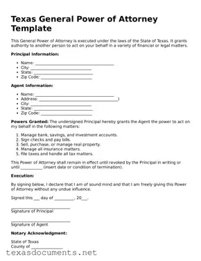 Fillable  General Power of Attorney Template for Texas
