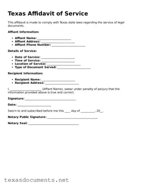 Fillable  Affidavit of Service Template for Texas