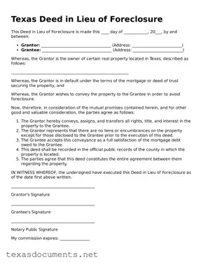 Fillable  Deed in Lieu of Foreclosure Template for Texas