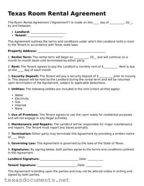 Fillable  Room Rental Agreement Template for Texas