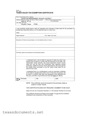 Fill Your Texas Sales Tax Exemption Certificate Form