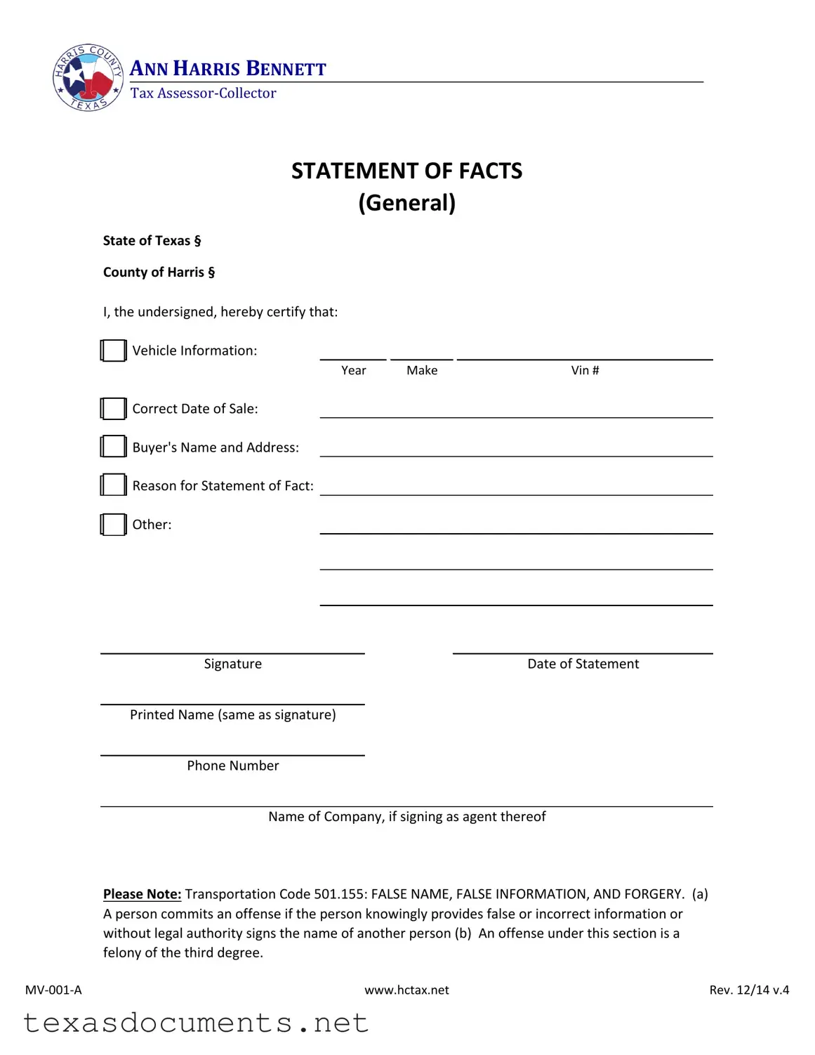 Fill Your Statement Of Fact Texas Form