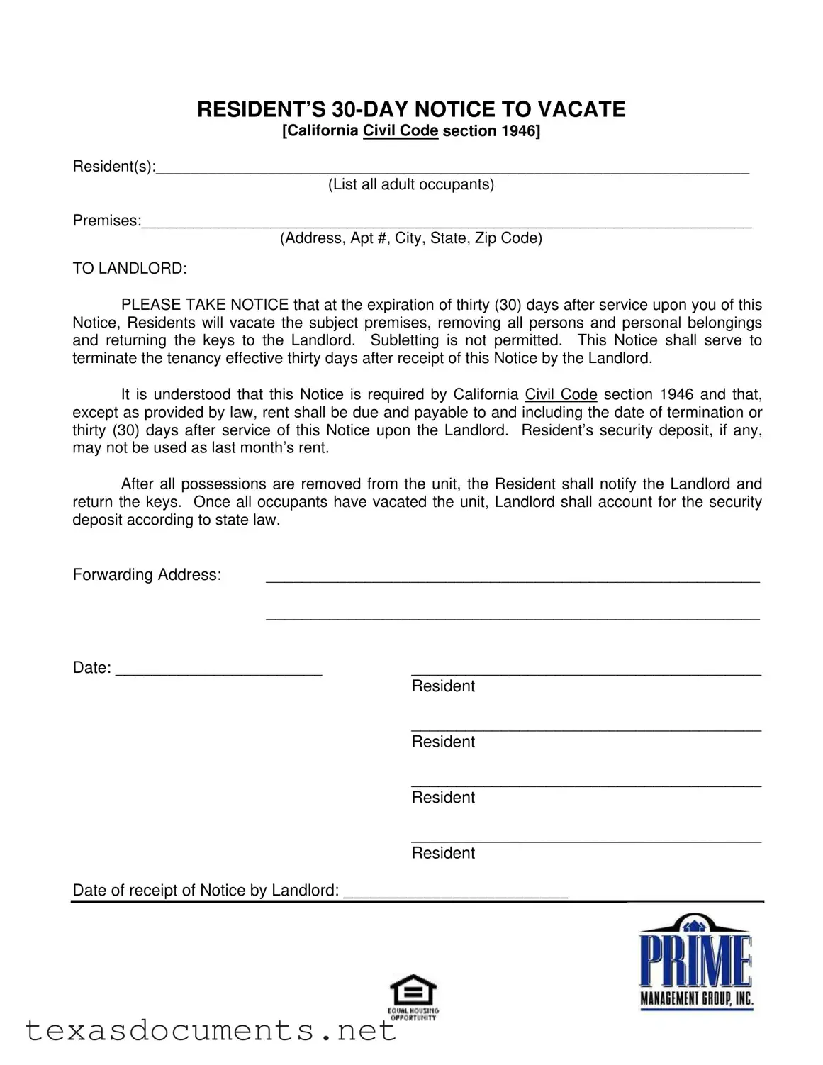 Fill Your Texas 30 Day Notice To Vacate Form
