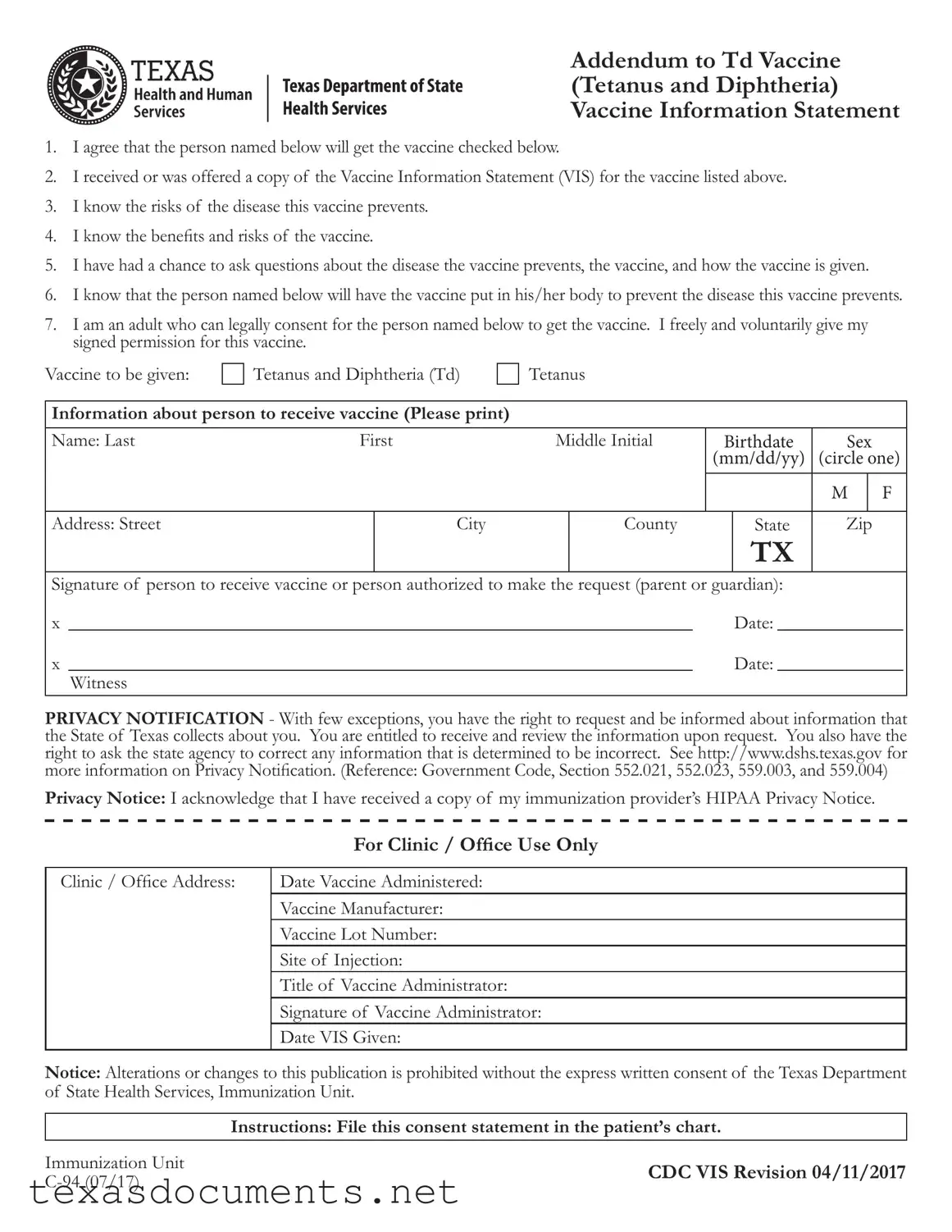 Fill Your Texas Addendum To Tdap Vaccine Form