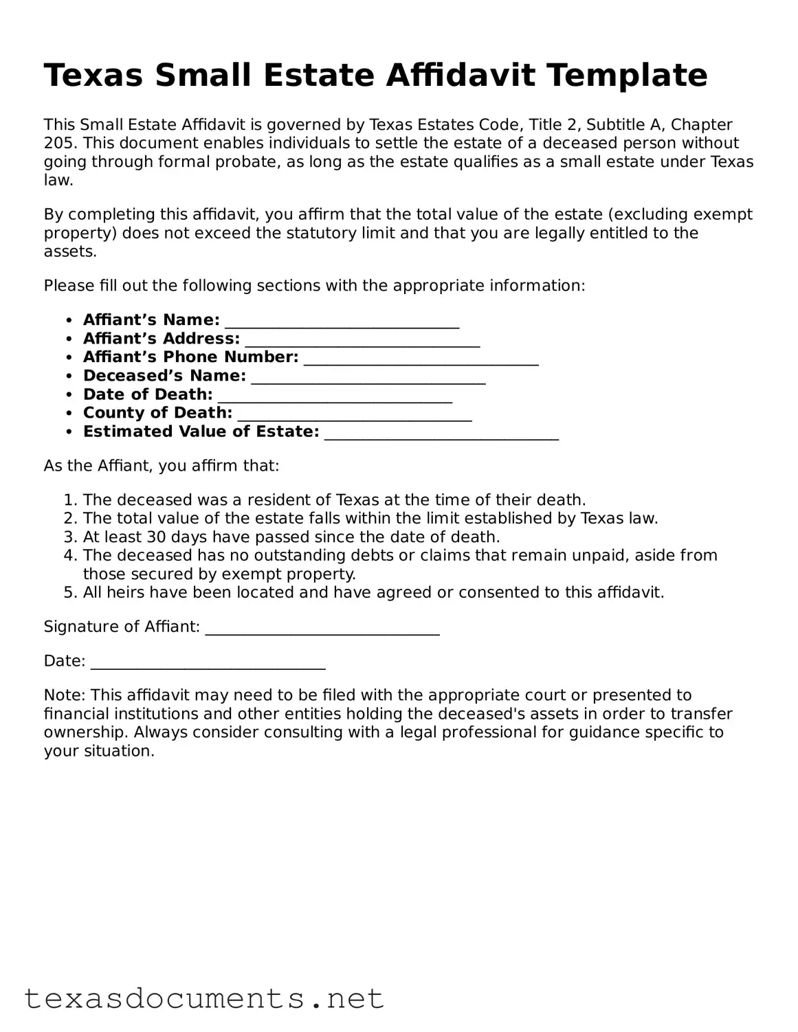 Fillable  Small Estate Affidavit Template for Texas