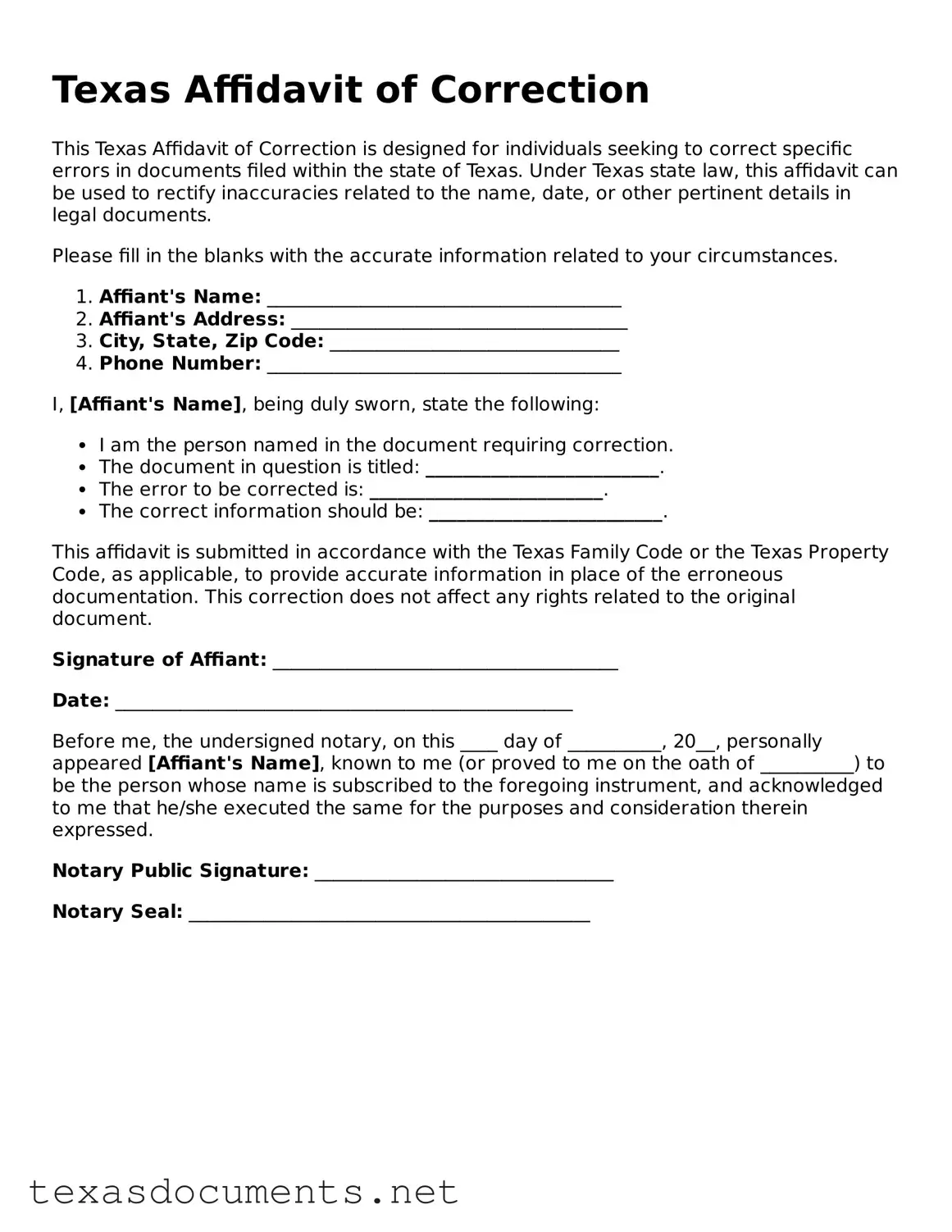 Fillable  Affidavit of Correction Template for Texas