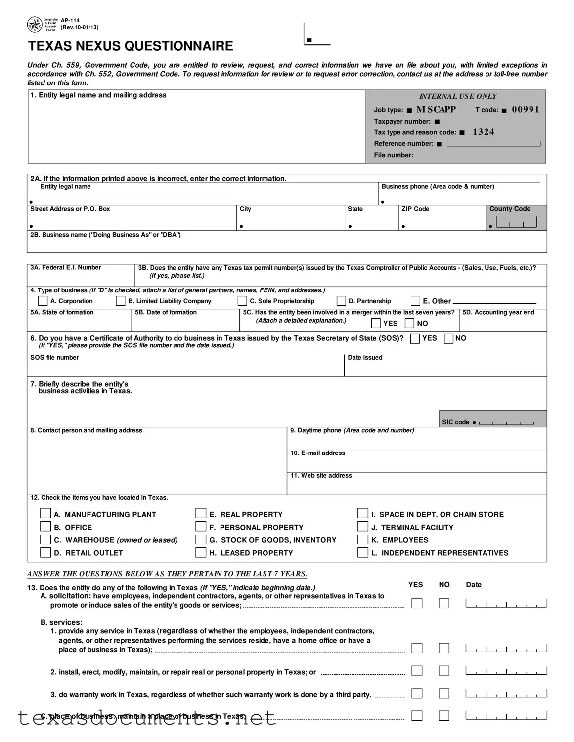 Fill Your Texas Ap 114 Form