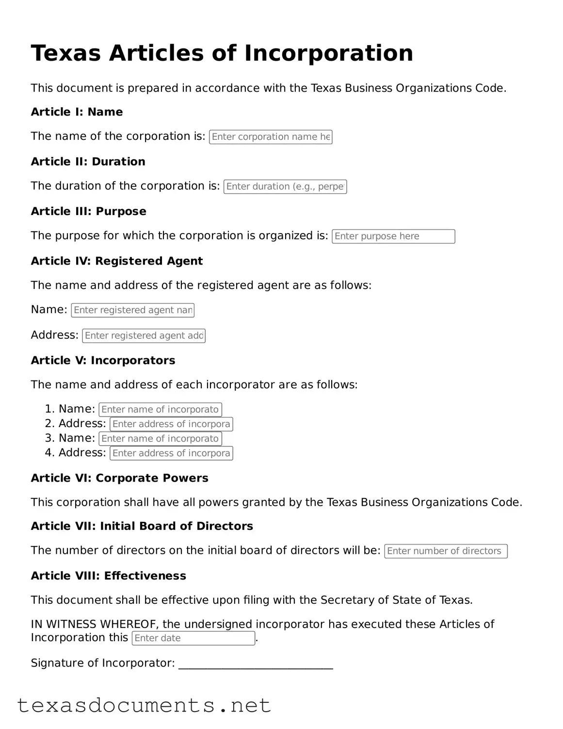 Fillable  Articles of Incorporation Template for Texas