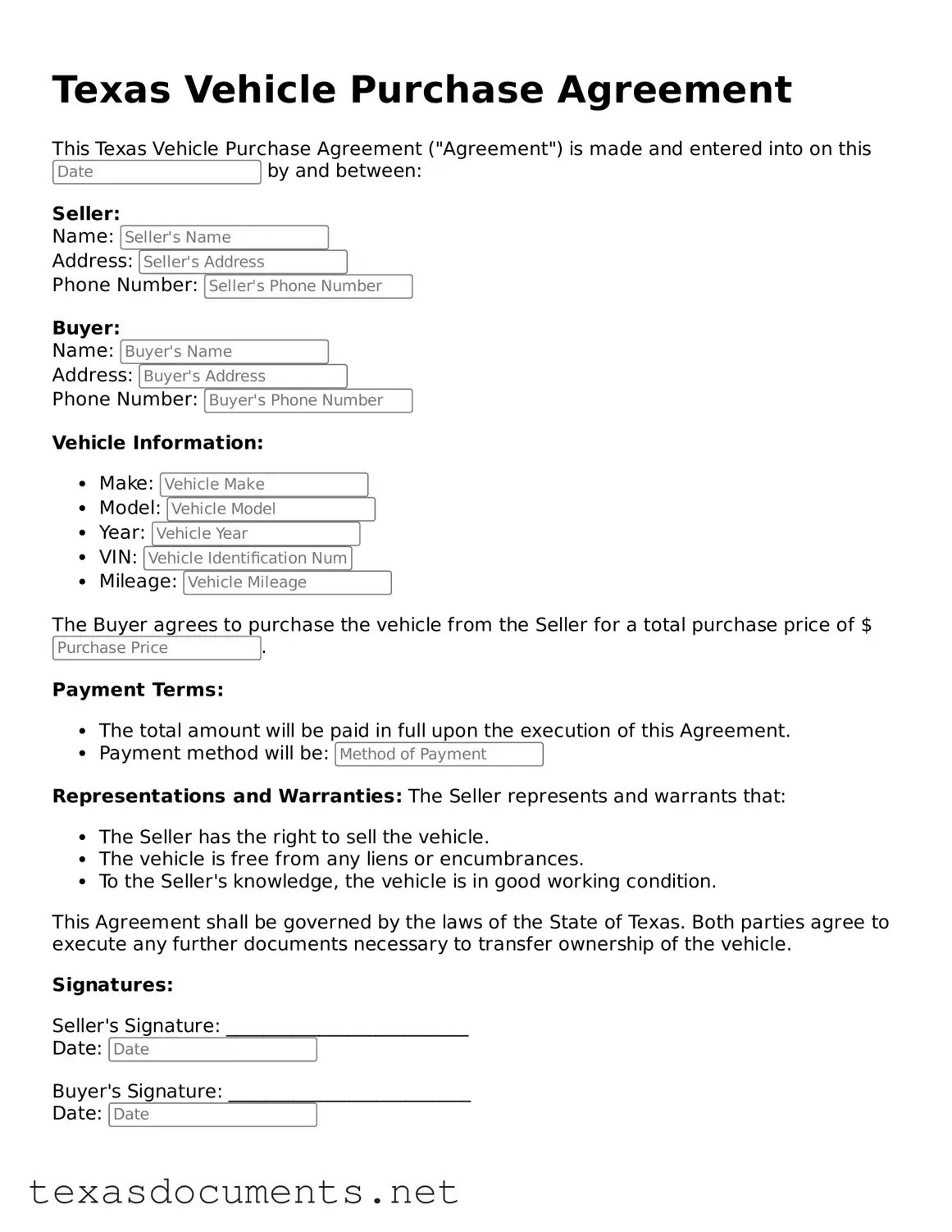 Fillable  Vehicle Purchase Agreement Template for Texas