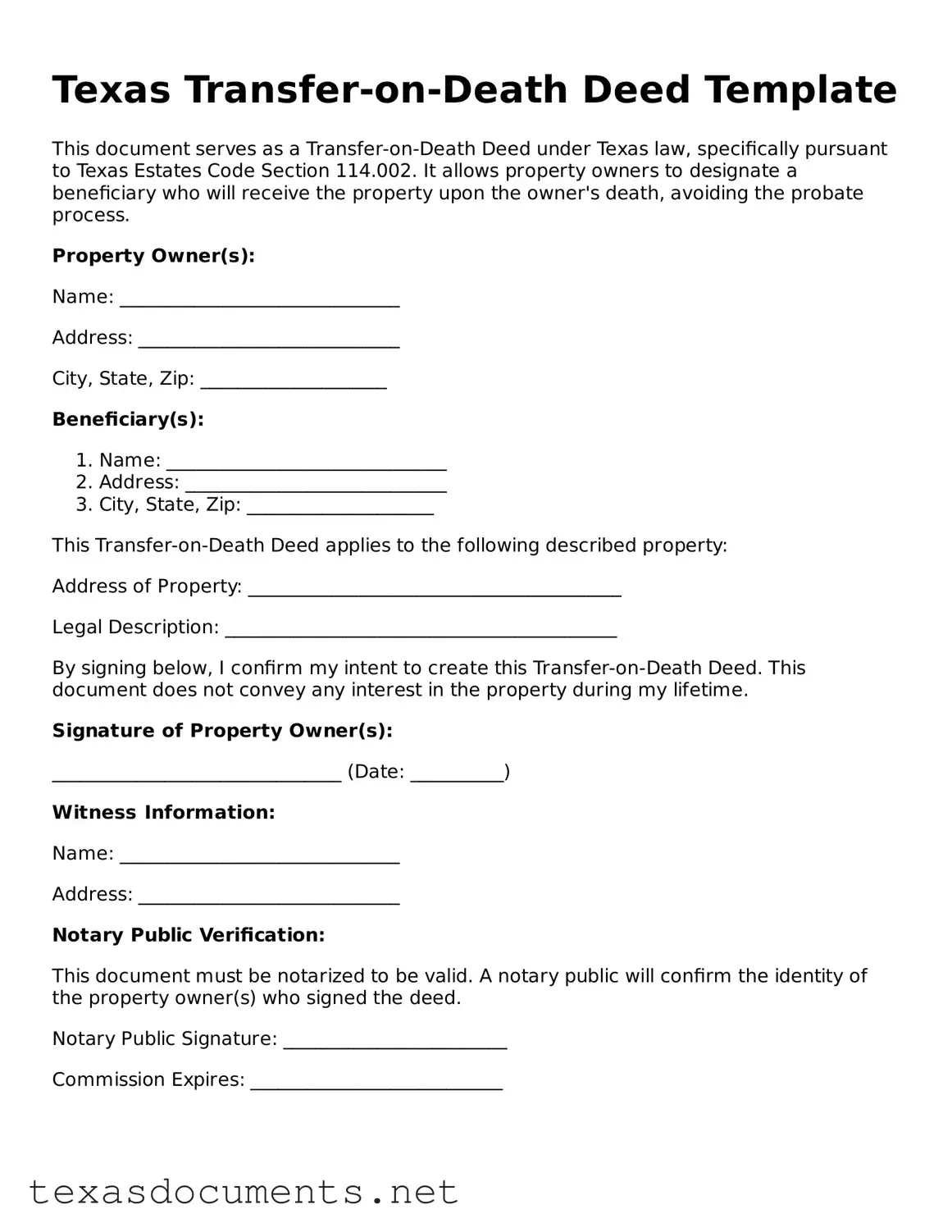 Fillable  Transfer-on-Death Deed Template for Texas