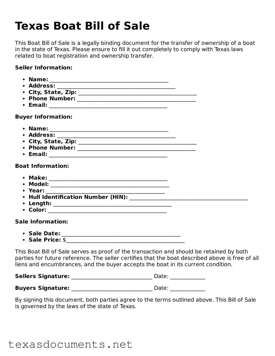 Fillable  Boat Bill of Sale Template for Texas