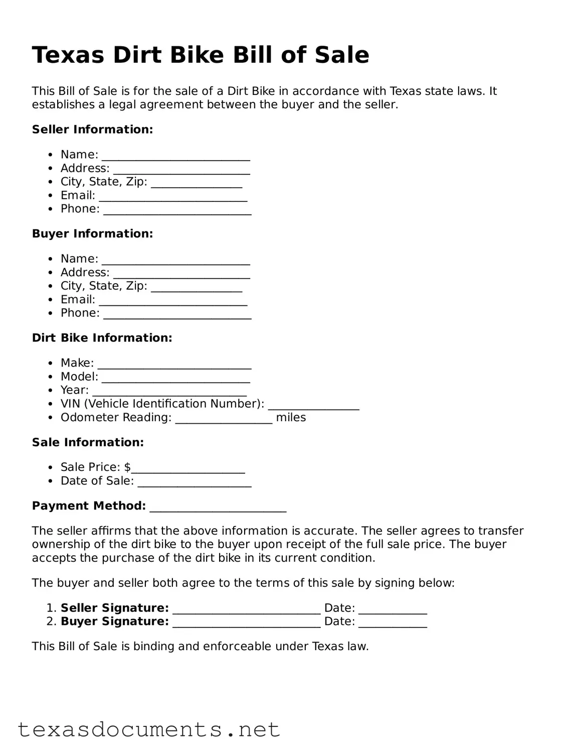 Fillable  Dirt Bike Bill of Sale Template for Texas