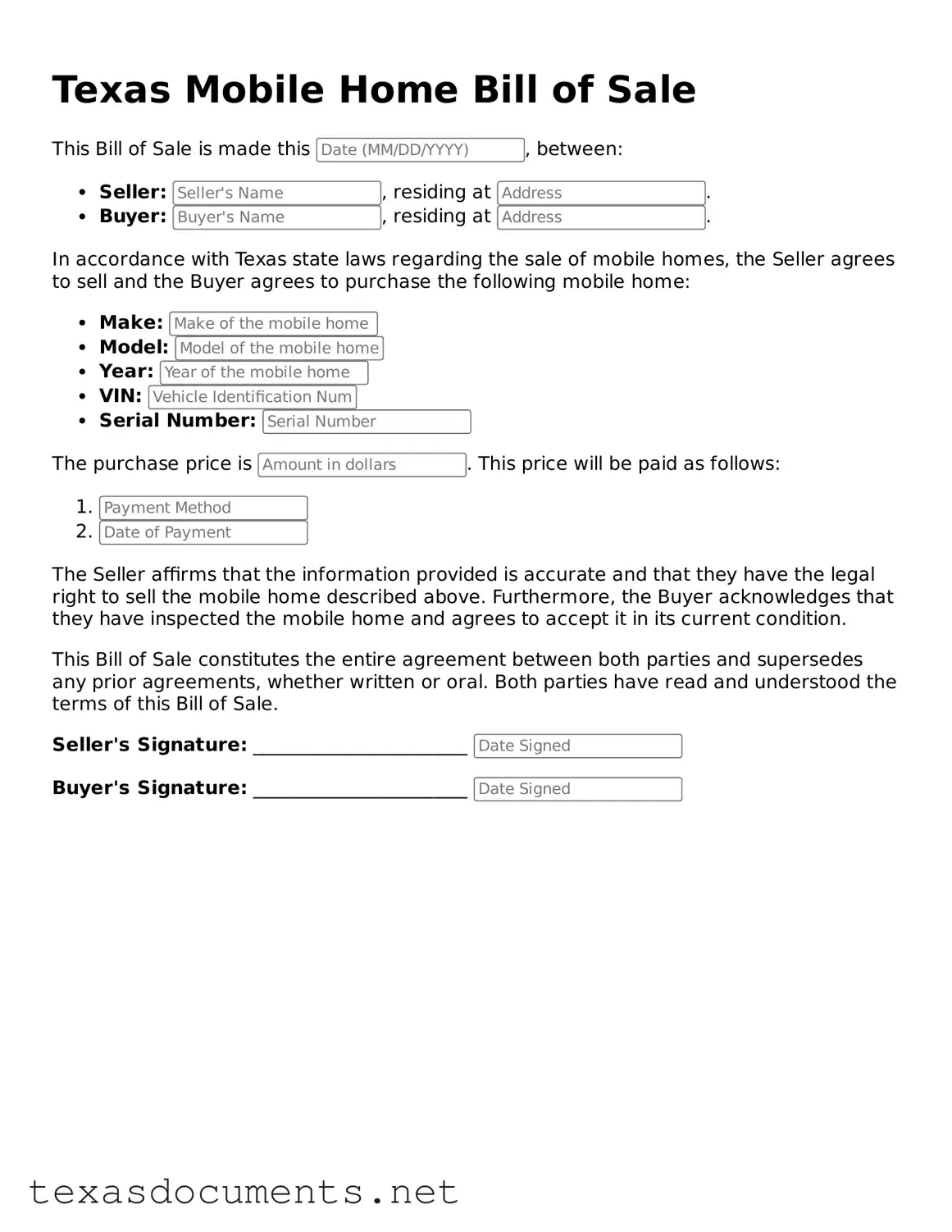 Fillable  Mobile Home Bill of Sale Template for Texas