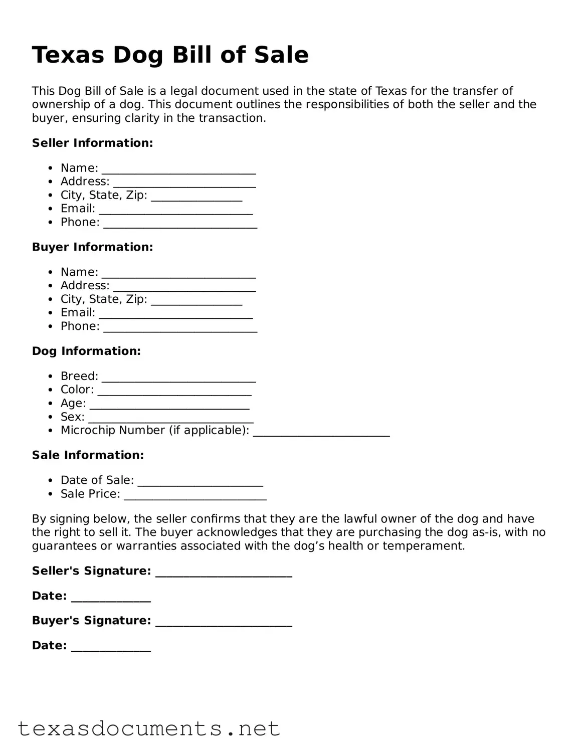 Fillable  Dog Bill of Sale Template for Texas