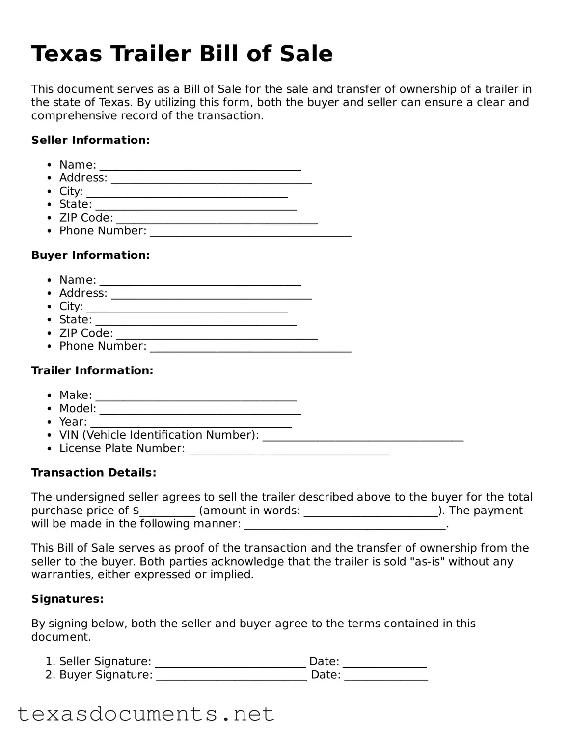 Fillable  Trailer Bill of Sale Template for Texas