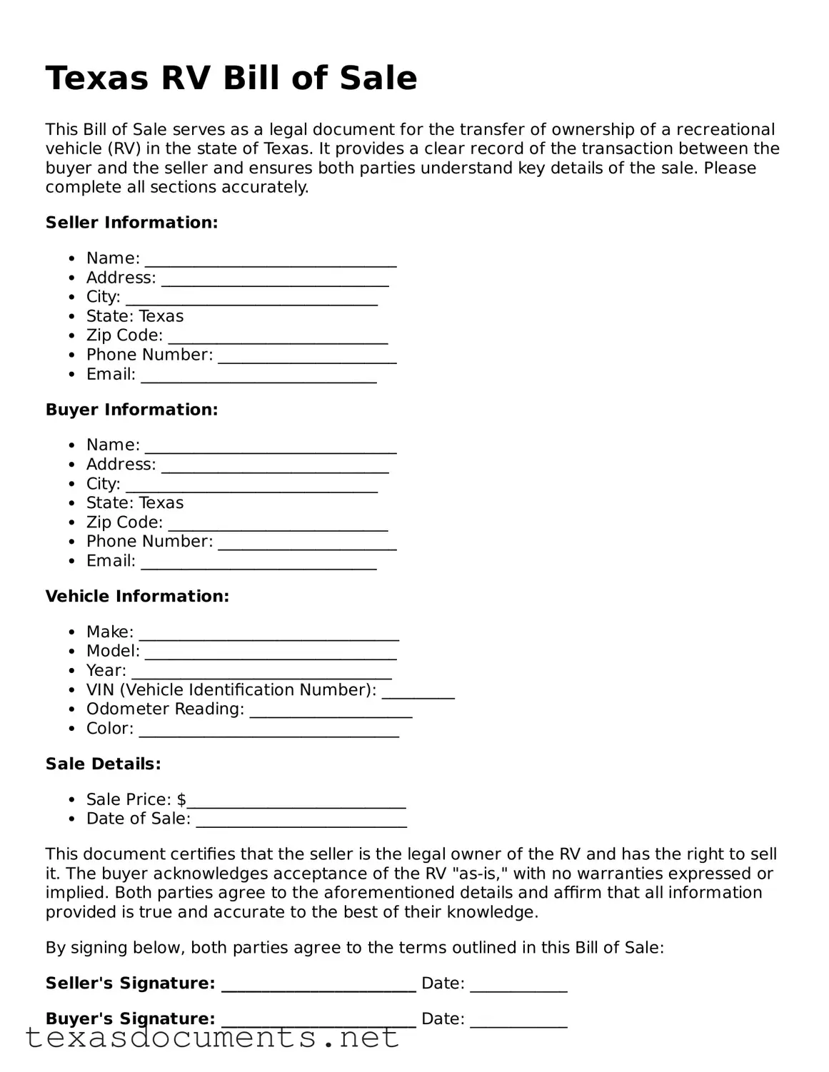 Fillable  RV Bill of Sale Template for Texas