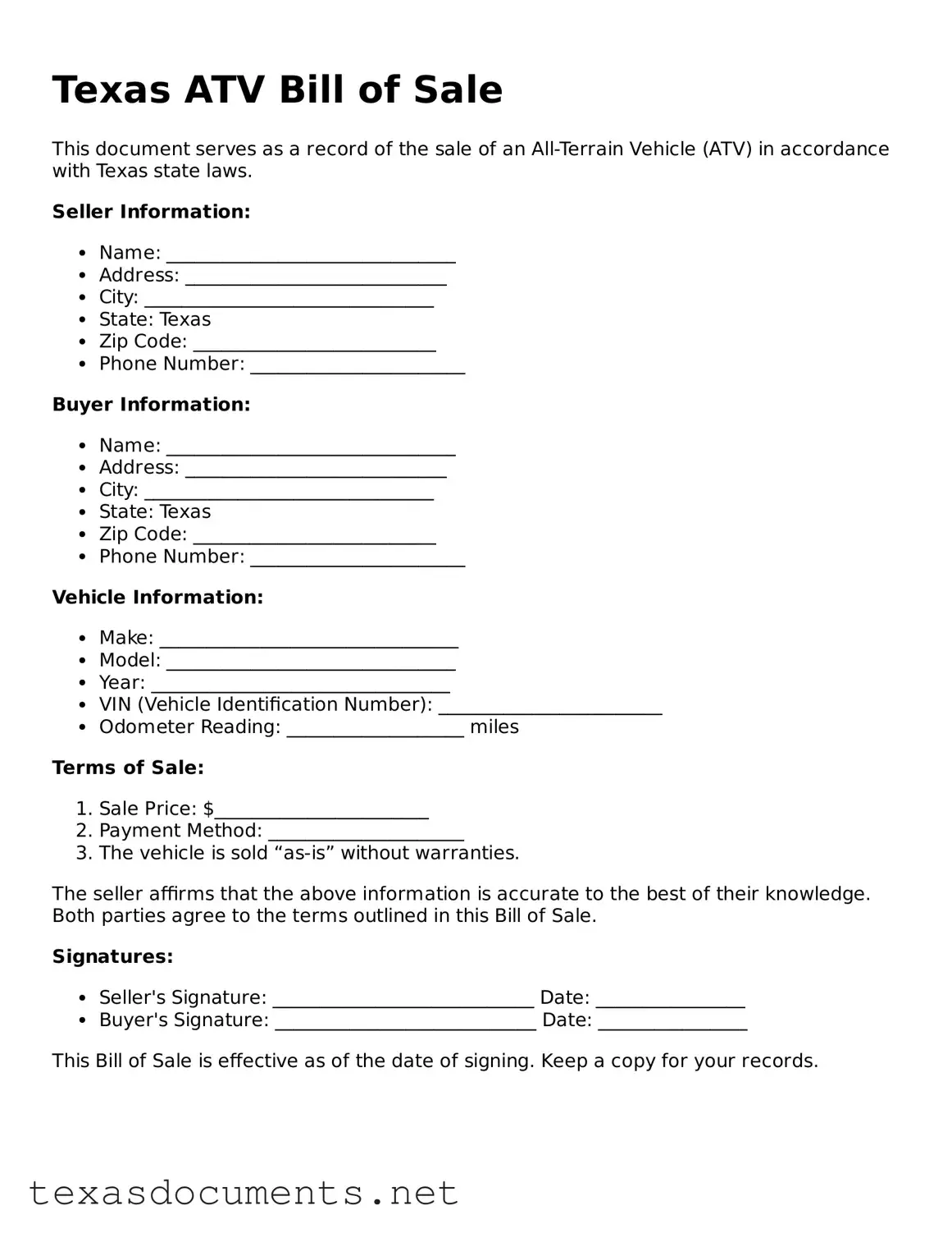 Fillable  ATV Bill of Sale Template for Texas