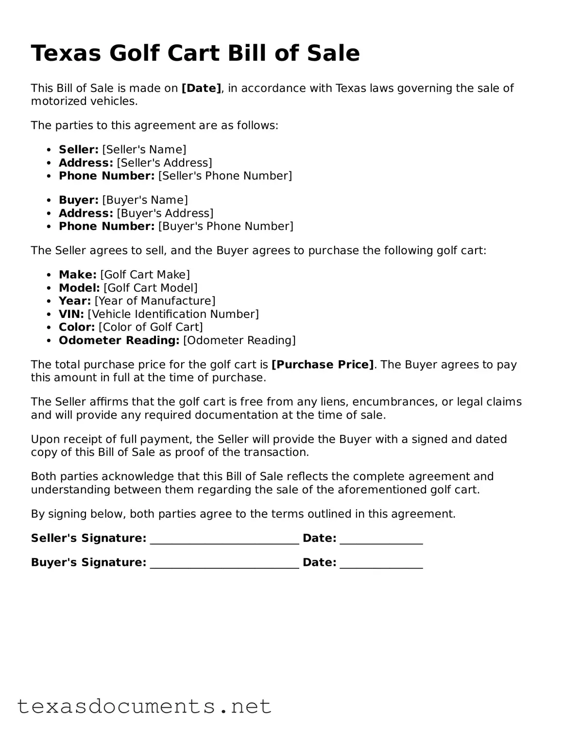 Fillable  Golf Cart Bill of Sale Template for Texas