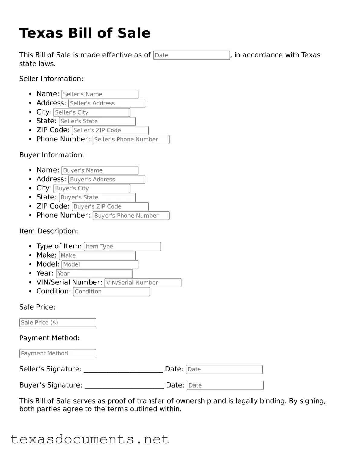 Fillable  Bill of Sale Template for Texas