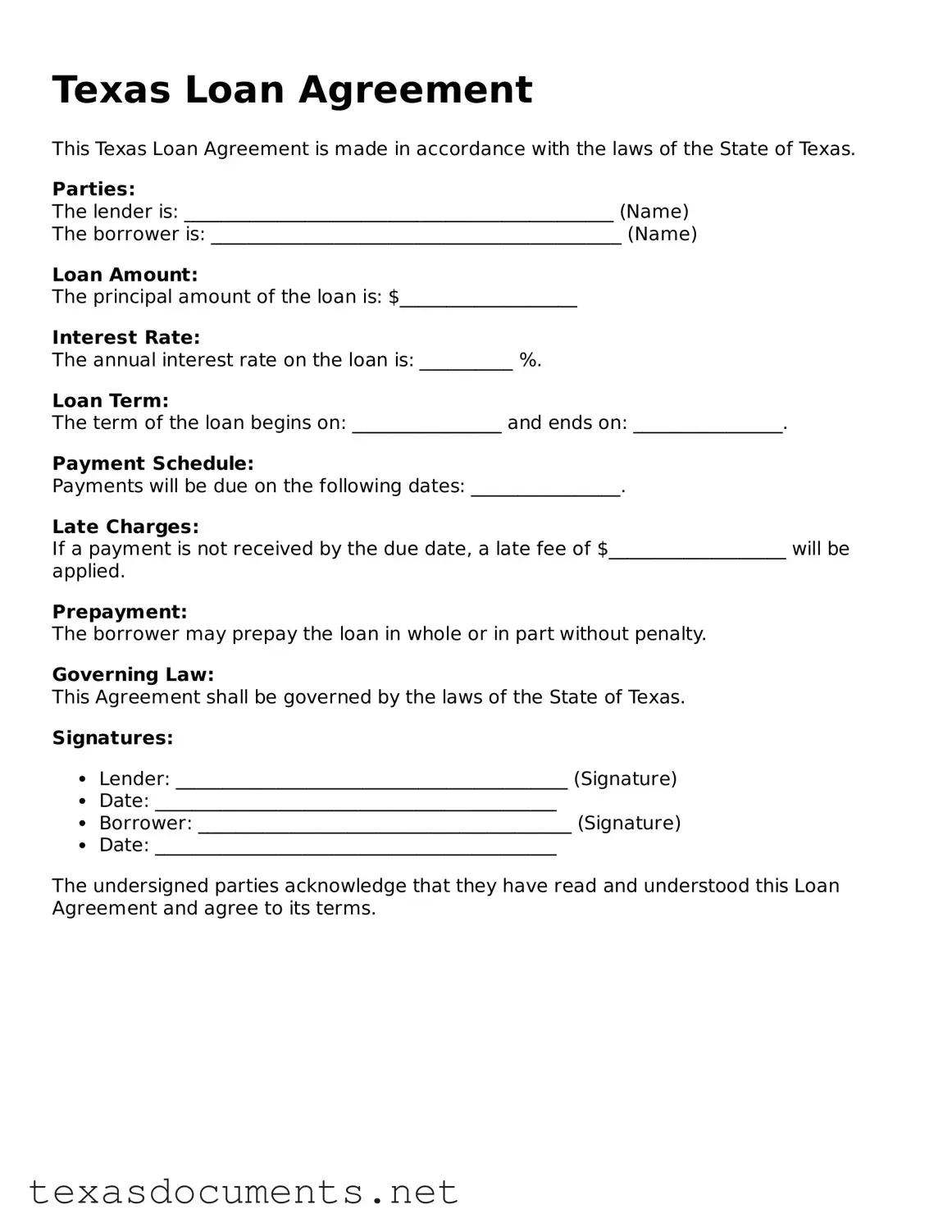 Fillable  Loan Agreement Template for Texas