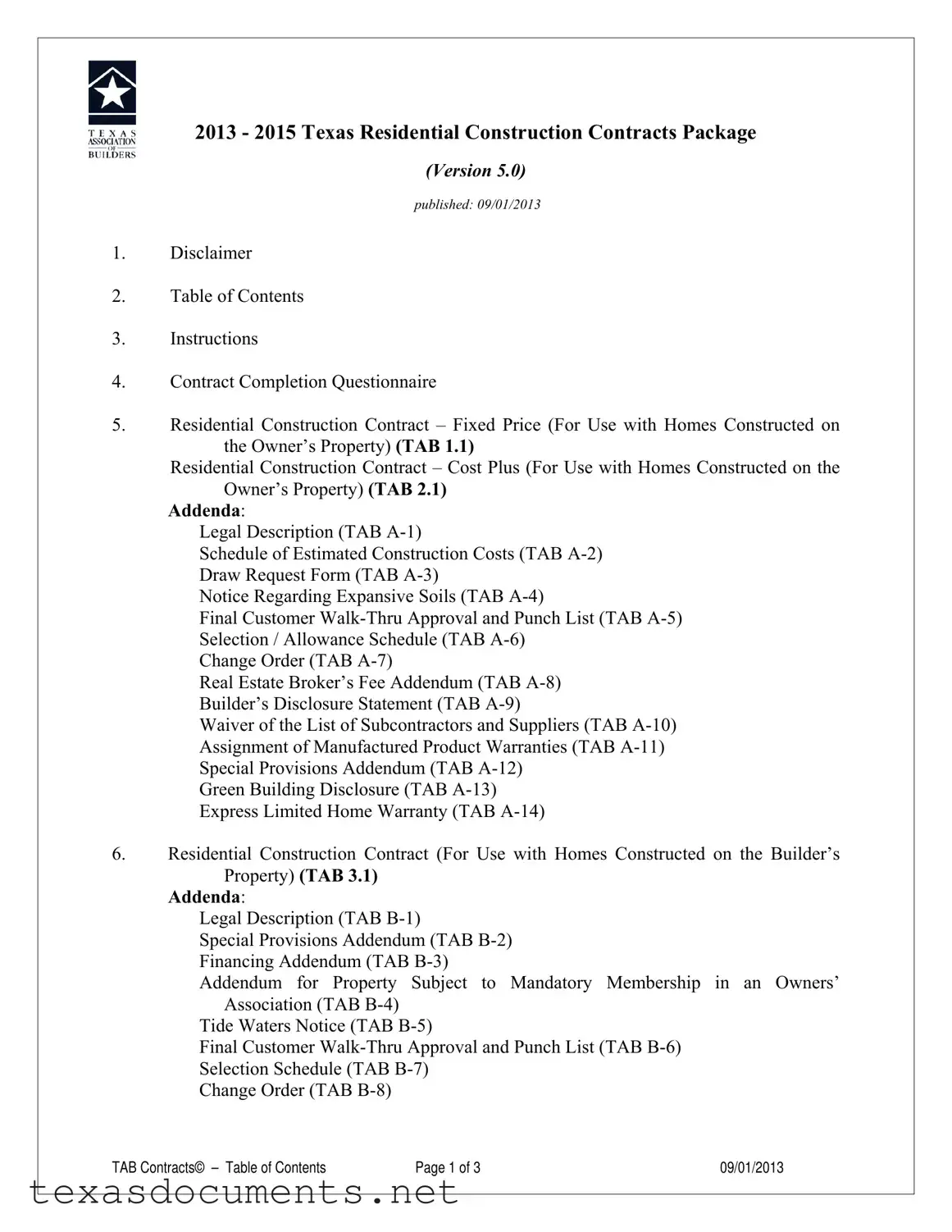Fill Your Texas Builders Association Fixed Cost Form