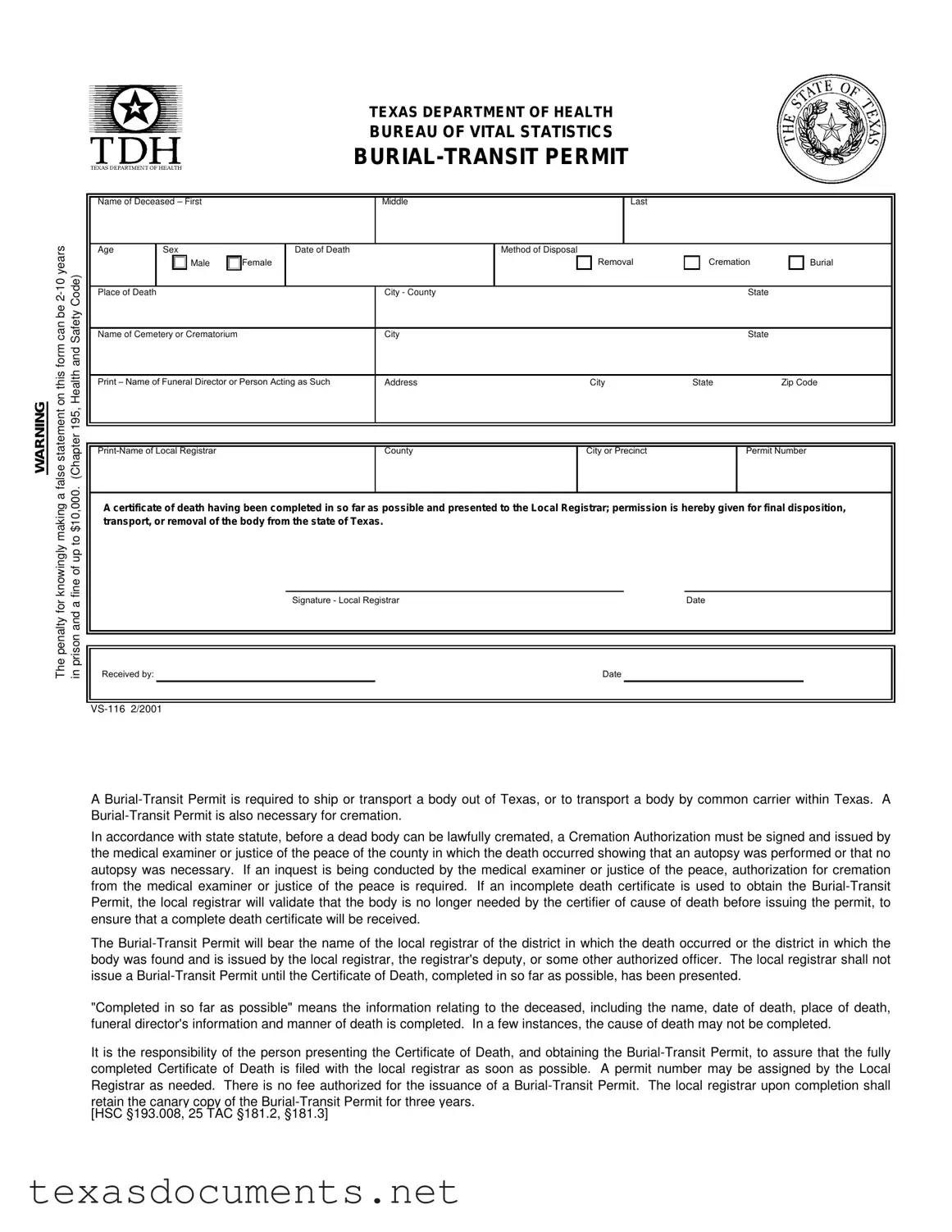Fill Your Texas Burial Transit Permit Form