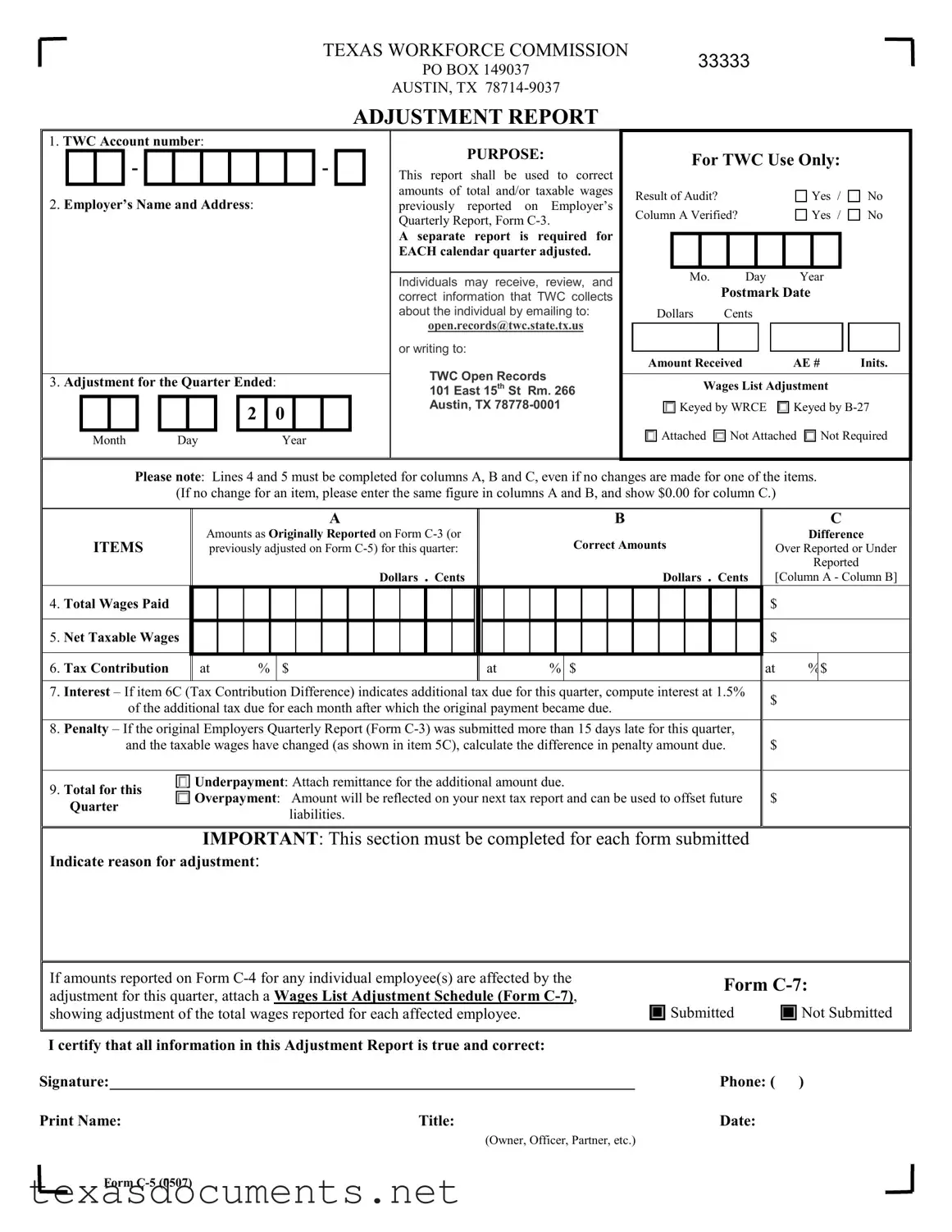 Fill Your Texas C 5 Form